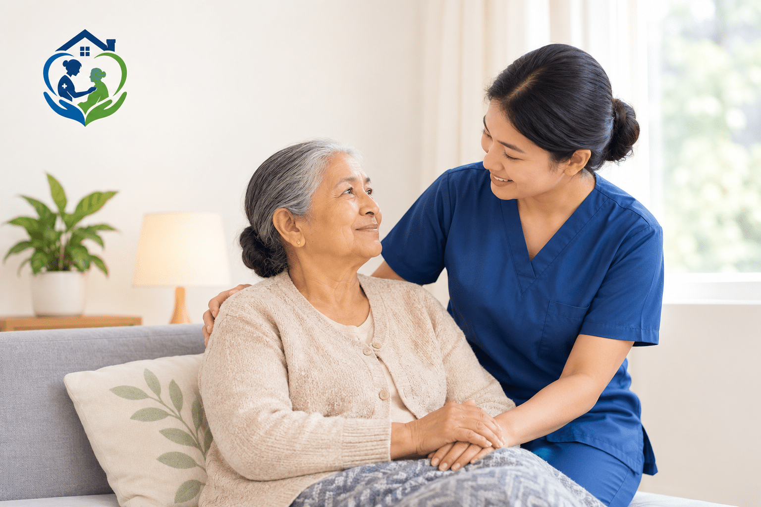 home care services Elderly parent home care signs with a caregiver providing support at home