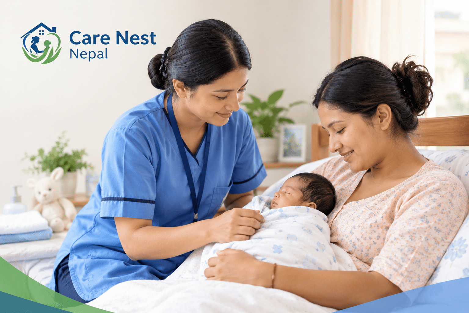 Newborn baby receiving care from a professional nurse at home in Nepal