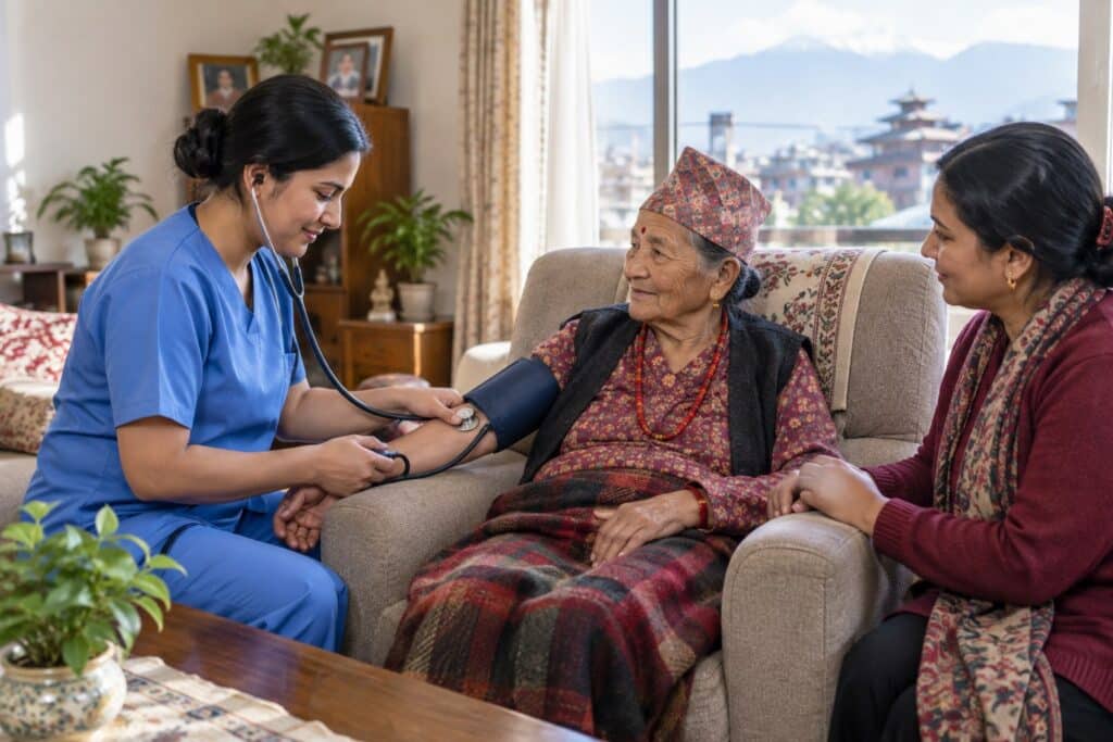 Home nurse checking blood pressure of an elderly patient at home in Nepal
