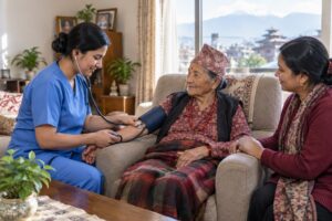Home nurse checking blood pressure of an elderly patient at home in Nepal
