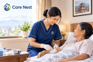 Care Nest nurse providing post-surgery home care to an elderly woman