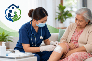 home care services Wound dressing service at home in Nepal with a nurse caring for an elderly patient