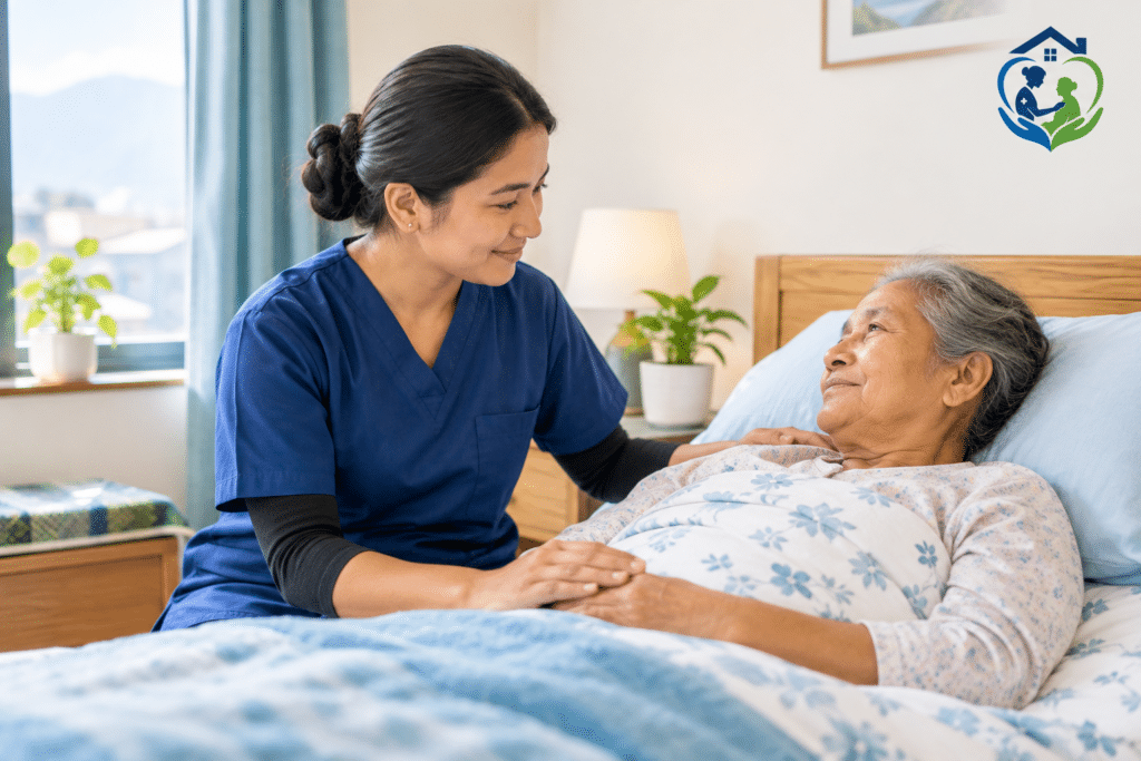 Caregiver providing bedridden patient care at home in Nepal