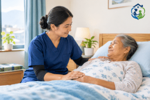 Caregiver providing bedridden patient care at home in Nepal