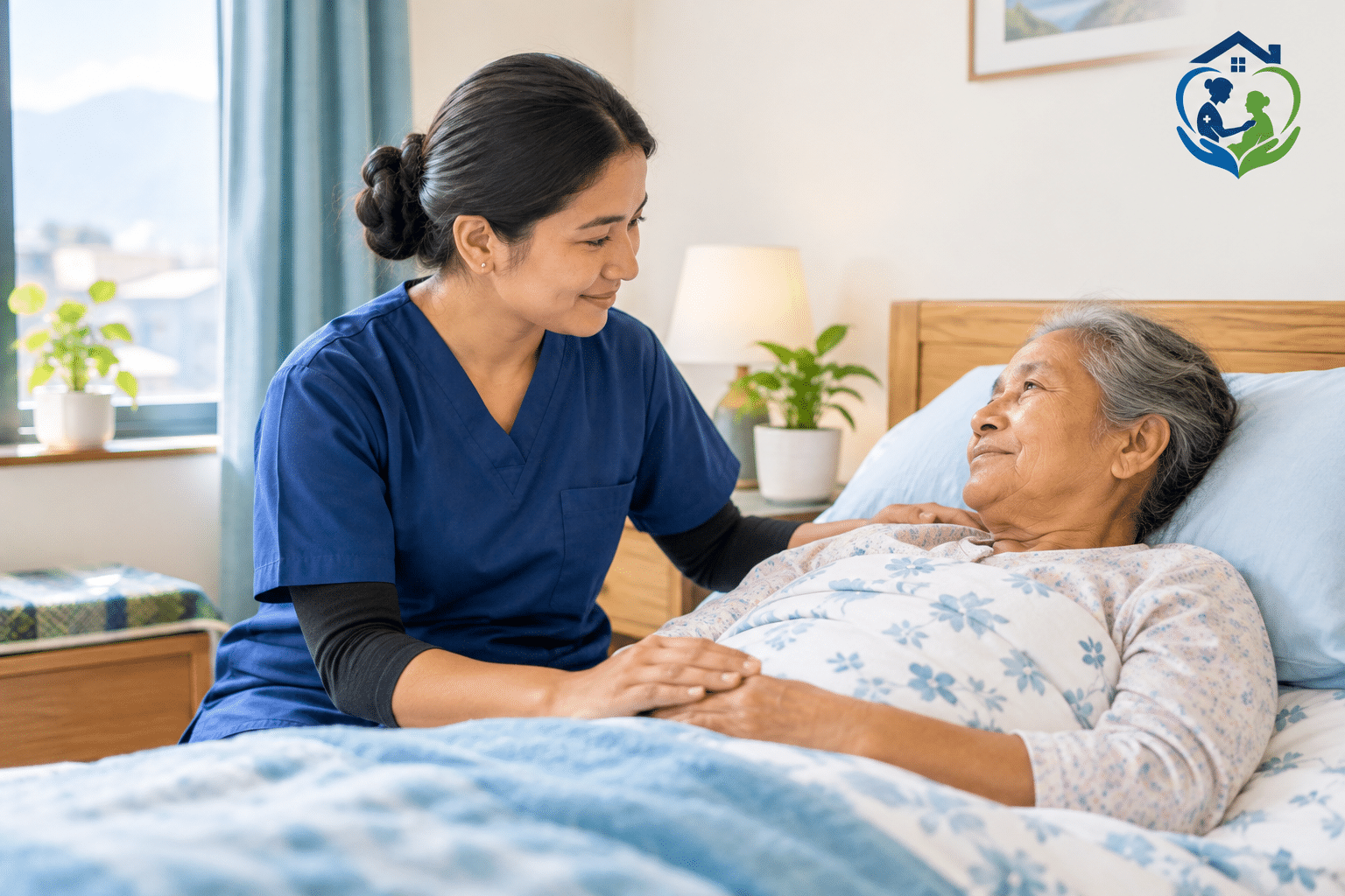 Caregiver providing bedridden patient care at home in Nepal