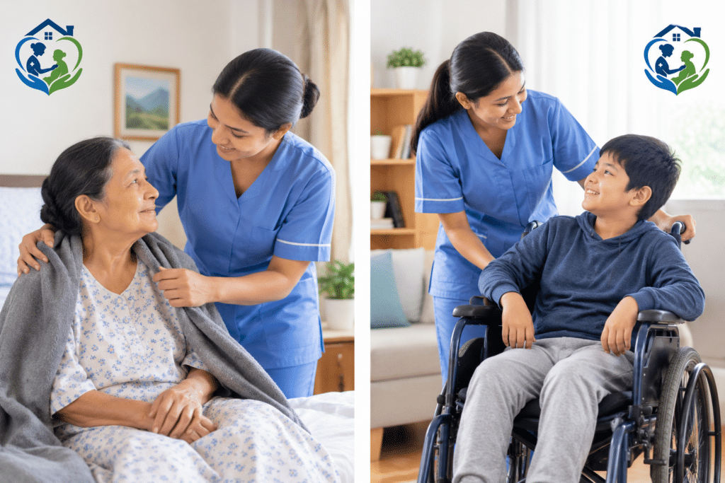 Caregiver assisting an elderly woman and a child with disabilities at home.