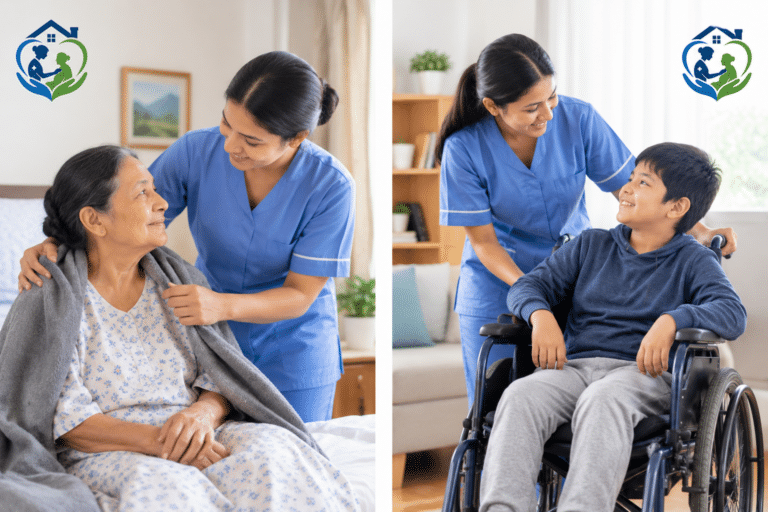Caregiver assisting an elderly woman and a child with disabilities at home.