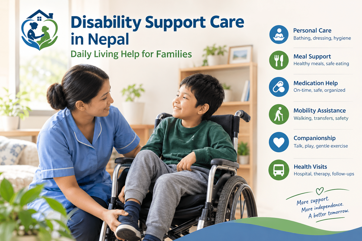 home care services Caregiver assisting a child in a wheelchair at home.