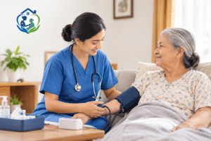 Home nursing service in Kathmandu with a nurse checking an elderly patient's blood pressure at home.
